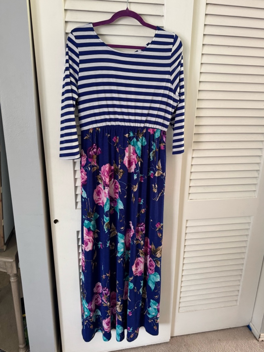 Honeyme Navy Striped Top with Pink and Teal Floral Maxi Dress